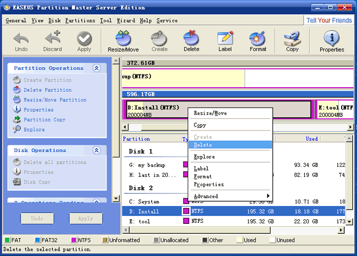 EASEUS Partition Manager Server: Delete Partition