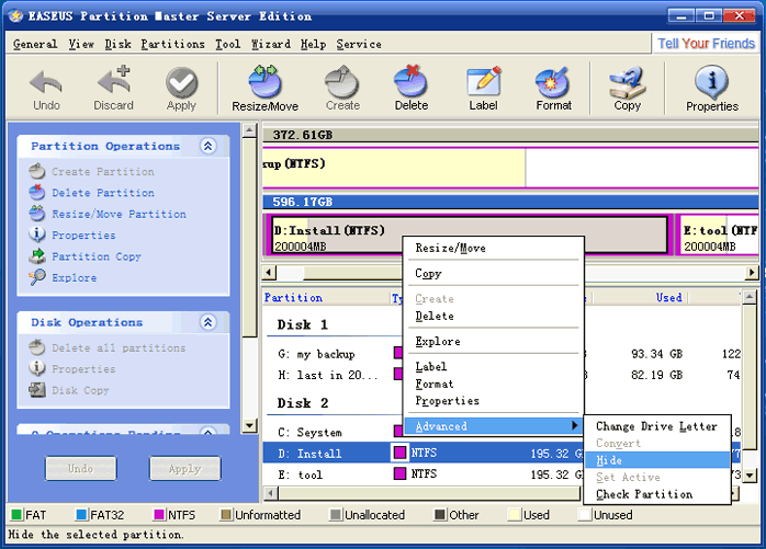 EASEUS Partition Manager Server: Hide/Unhide Partition