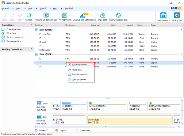 Unallocated space to create partitions