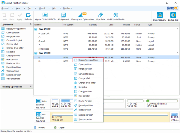 Resize partitions with EaseUS Partition Master