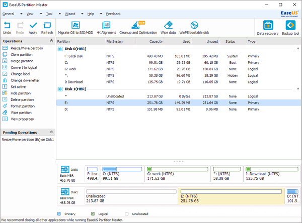 EaseUS Partition Master for resizing partition size