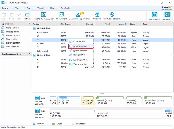 Delete ext2/ext3 partition