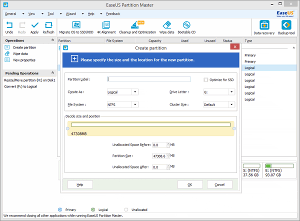 Create more partitions with the unallocated space