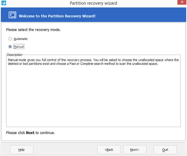 Manual mode partition recovery