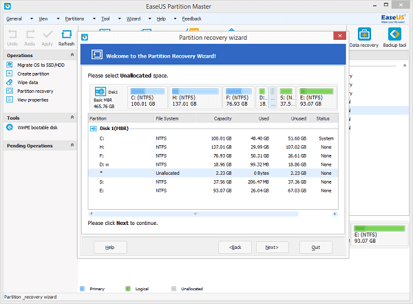 Choose unallocated space