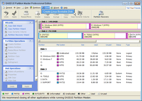 EASEUS Partition Master: Create bootable disks to create partition