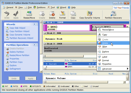 EASEUS Partition Master: Delete Partition