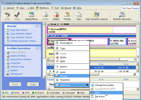 EASEUS Partition Master: Hide/Unhide Partition