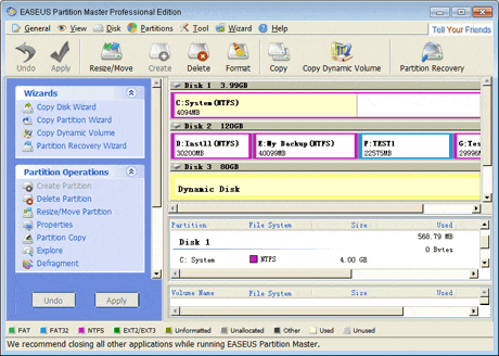 EASEUS Partition Master main window