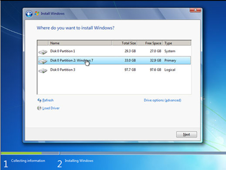 choose Windows 7 partition