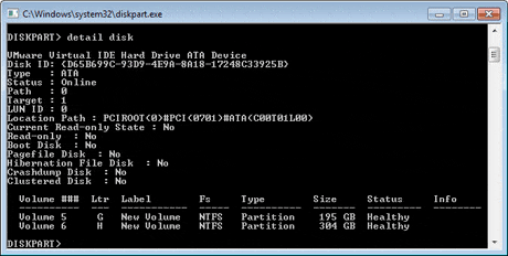 diskpart command: detail disk