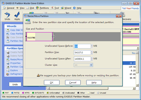 EASEUS Partition Master - Dialog Box