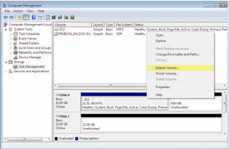 Disk Management console in Windows Server 2008