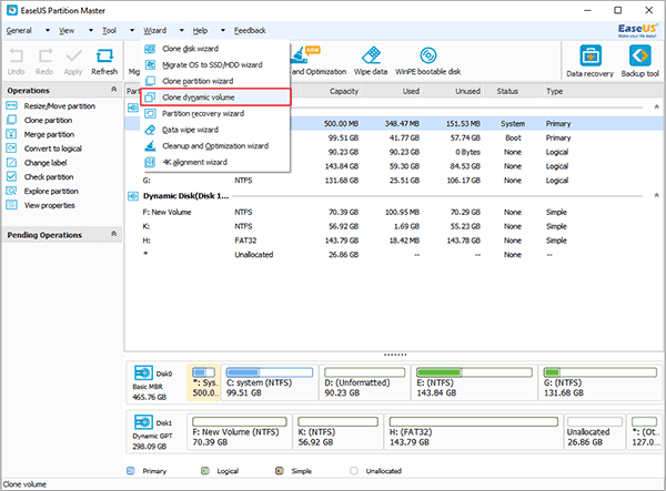 EaseUS Partition Master - Copy Dynamic Volume