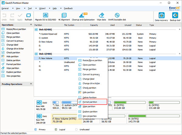 Choose Format partition option in EaseUS Windows 10 SD Formatter