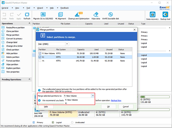 Select partition you merge to