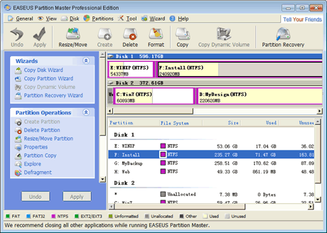 EASEUS Partition Master Professional Edition Main Window