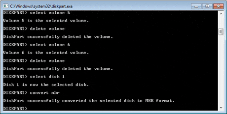 diskpart command: convert GPT disk to MBR disk