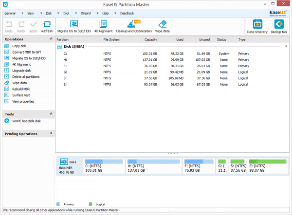 Main window of EaseUS Partition Manager software