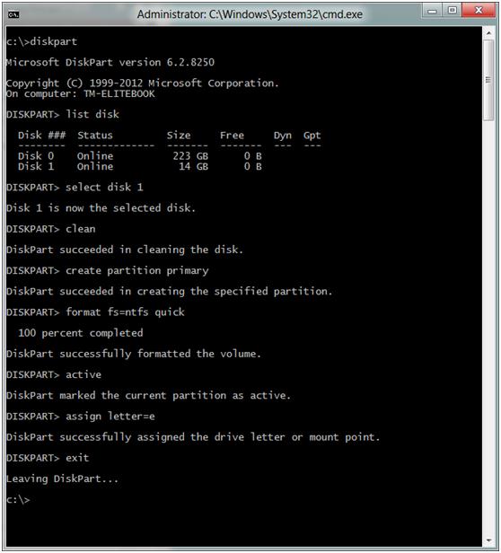Enter command Lines to install Windows 10 on external hard drive