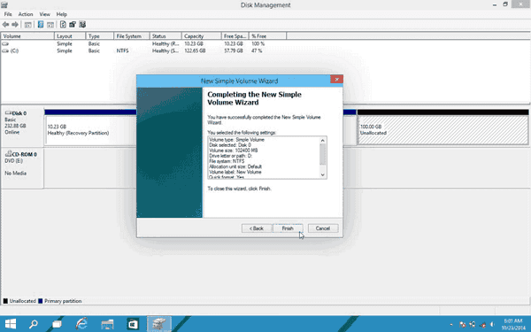 Partition hard drive Windows 10 with disk management.