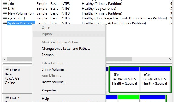 Unable to extend system reserved partition in Windows disk management.